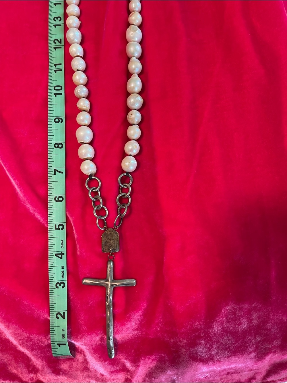 Love Tokens necklace Hammered Silver Cross Pearl Necklace - White Pearls